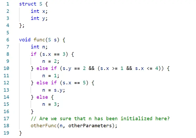 Screenshot of a C structured program. The structure `S` contains three integer variables: `x`, `y`, and `z`. The `func` function accepts an instance of `S` and contains a nested if-else statement. A comment on line 17 questions if `n` was initialized before being used, highlighting a potential cybersecurity risk.