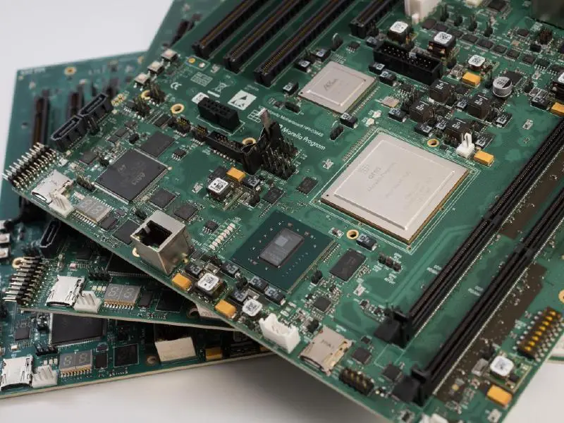 A close-up of several green printed circuit boards (PCBs) stacked on top of each other. Populated with various electronic components like integrated circuits, connectors, capacitors, and resistors, these boards have a complex and intricate design crucial for cybersecurity applications.