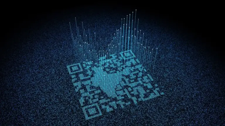 A digital representation of a QR code is shown in a blue, matrix-like grid, with vertical lines extending upwards from the code, creating a 3D effect. The background is dark, emphasizing the bright blue elements of the image, evoking themes of cybersecurity and cyberthreats.