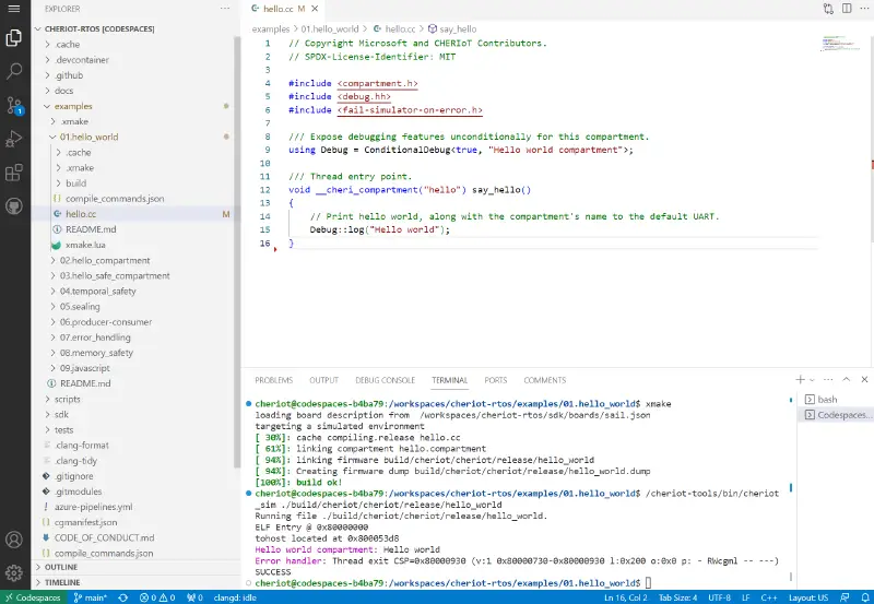 A computer screen displaying an open Visual Studio Code editor with a C++ file named "hello.cpp". The file contains code that prints "hello world". To the left, a file explorer shows various directories. Below, a terminal with build and debugging information highlights Threat detection insights according to CMMC guidelines.