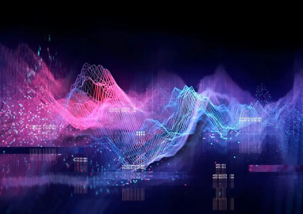 Abstract digital image featuring dynamic neon waves in pink and blue hues against a dark background. The waves intertwine with grid lines and geometric patterns, creating a futuristic and vibrant visual effect reminiscent of data streams or sound waves, evoking themes of cybersecurity and data protection.