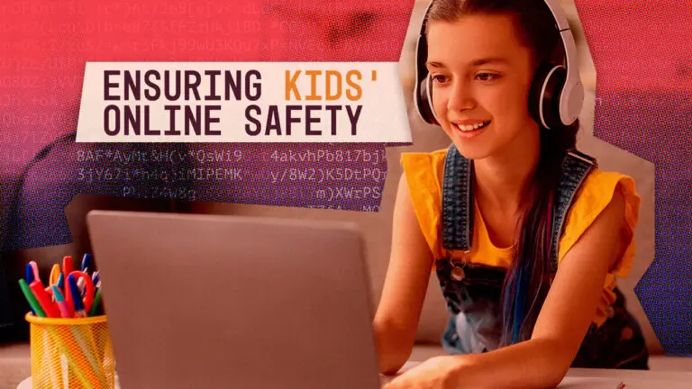 A young girl wearing headphones and a yellow shirt smiles while using a laptop. Text on the image reads, "Ensuring Kids' Online Safety amid Cyberthreats." The background includes a mix of colorful digital patterns and binary code.