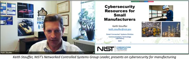 A man in a white shirt presents on cybersecurity threats for small manufacturers via a video call. His screen displays a slide titled "Cybersecurity Resources for Small Manufacturers," along with logos and images of industrial environments.