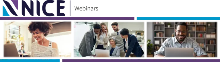 Banner with "NICE Webinars" text at the top. Below are three images: (1) a woman smiling while looking at a laptop, (2) a group of business people gathered around a laptop discussing Cyberthreats, and (3) a man smiling and typing on a laptop.