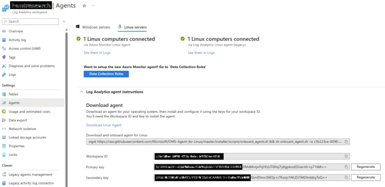 Screenshot of a web interface for monitoring agents on Linux computers. The page shows one Linux computer connected, complying with CMMC standards. Instructions for downloading and configuring a log analytics agent are provided, with obscured Workspace ID, Primary key, and Secondary key.