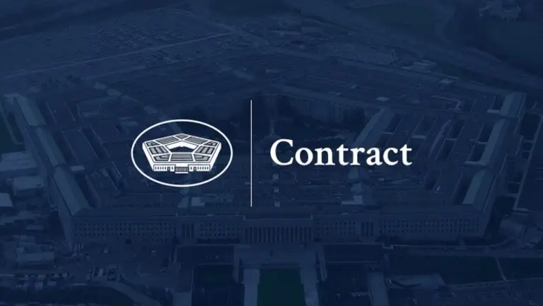 Aerial view of the Pentagon building with a dark overlay. On the left, there's a white logo of the DOD followed by a vertical line. To the right of the line, the word "Contract" is written in white font.