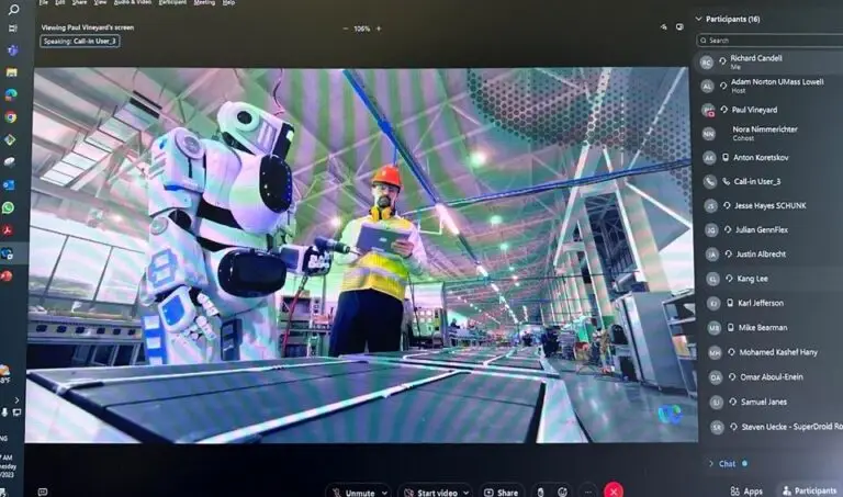 A video call screenshot shows a futuristic factory setting where a human worker in a high-visibility vest and hard hat interacts with a humanoid robot, emphasizing the importance of cybersecurity in such advanced environments. Participants' names are listed on the right side of the screen, with various control buttons visible at the bottom.