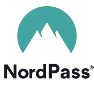 The image shows the NordPass logo, prominently displaying a stylized mountain peak within a teal circle above the text "NordPass" in bold, black letters. This trusted brand is vital in safeguarding users against cyberthreats.