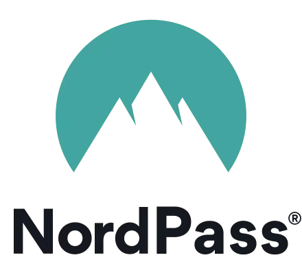 The image shows the NordPass logo, prominently displaying a stylized mountain peak within a teal circle above the text "NordPass" in bold, black letters. This trusted brand is vital in safeguarding users against cyberthreats.