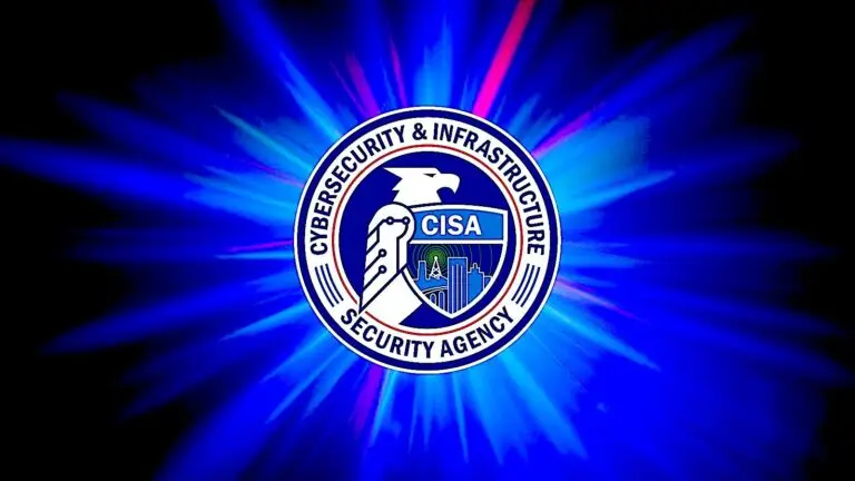 The image shows the emblem of the Cybersecurity and Infrastructure Security Agency (CISA) centered on a dynamic background of blue light rays radiating outward, symbolizing their vigilance against any threat. The emblem includes an eagle, a key, a shield, and digital network graphics.