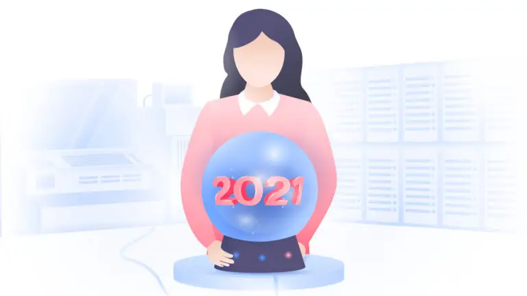 Illustration of a faceless figure with long hair holding a glowing crystal ball displaying "2021." The background features servers and computer equipment, suggesting a tech or futuristic theme with hints of cybersecurity.