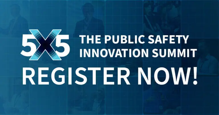 A blue-toned promotional graphic for the 5x5 Public Safety Innovation Summit features the summit's logo and the text "REGISTER NOW!" in bold white letters. The background displays a grid pattern with faded images of event participants, emphasizing discussions on cybersecurity advancements.