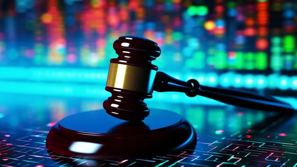 A wooden gavel rests on a sound block against a vibrant, abstract background of multicolored lights and digital patterns. The scene conveys a blend of traditional law elements with modern, technological themes, embodying the intersection of CMMC regulations and advancing cybersecurity measures.