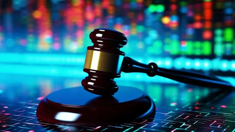 A wooden gavel rests on a sound block against a vibrant, abstract background of multicolored lights and digital patterns. The scene conveys a blend of traditional law elements with modern, technological themes, embodying the intersection of CMMC regulations and advancing cybersecurity measures.