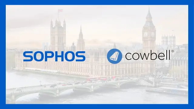 Image of the Palace of Westminster and Big Ben in London. Over the top of the image are two logos: "SOPHOS" in blue text and "cowbell" in black text with a blue circular icon featuring a white triangle, indicating a collaborative announcement about countering cyberthreats.