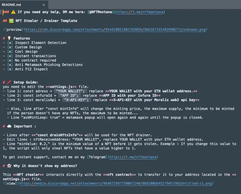 NFT Stealer/Drainer documentation and setup instructions are available on Telegram and Discord.
