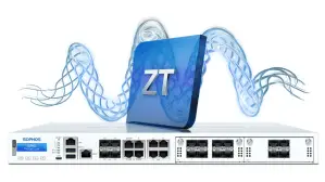 An image displaying a network security appliance with several ports on the front panel. A blue, three-dimensional box with the letters "ZT" is positioned above the device, against an abstract, swirling blue pattern in the background—embodying robust cybersecurity and VPN functionalities.