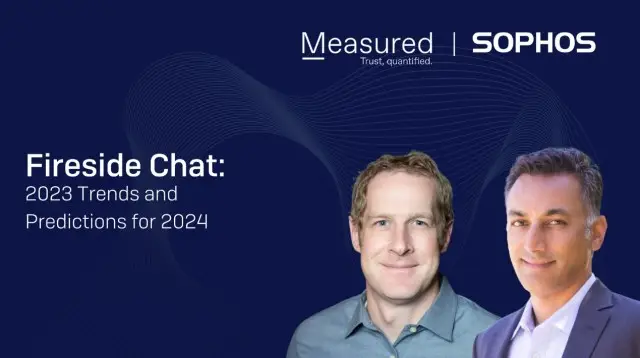 Promotional graphic for a fireside chat hosted by Measured and SOPHOS, titled "2023 Trends and Predictions for 2024 in Cybersecurity." The image includes the Measured and SOPHOS logos at the top, with pictures of two speakers below. The dark blue background features abstract wave designs.