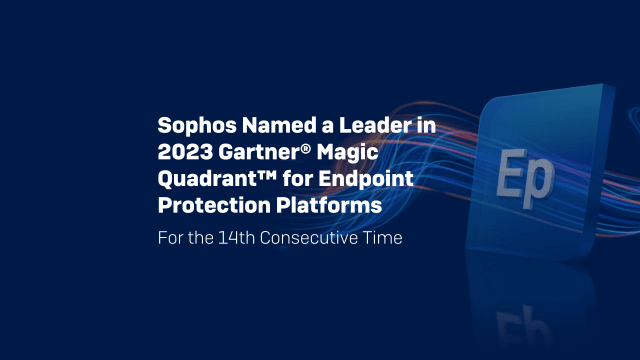 Image showing a dark blue background with text that reads: "Sophos Named a Leader in 2023 Gartner® Magic Quadrant™ for Endpoint Protection Platforms for the 14th Consecutive Time." To the right, there's an icon with "Ep" and dynamic, colorful lines behind it, highlighting their cybersecurity prowess.