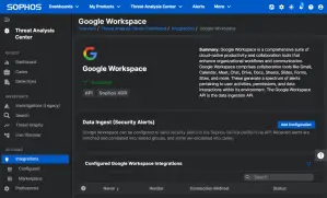 Screenshot of a dark-themed Sophos interface showcasing the integration page for Google Workspace. The summary describes Google Workspace as a cloud-based productivity and collaboration tool. The page displays sections for data ingest and configured integrations, emphasizing robust cybersecurity measures.