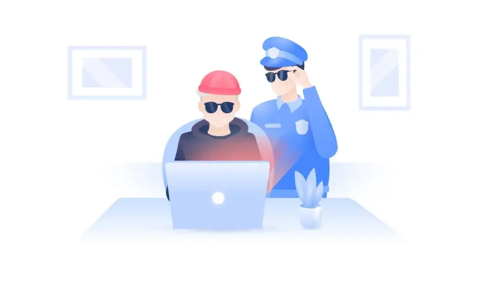 An illustration of two people wearing sunglasses, one in a red hard hat and the other in a blue police uniform, standing behind a laptop on a table. A potted plant is on the right side, and two framed pictures are on the wall in the background, indicating their vigilance against cybersecurity threats.