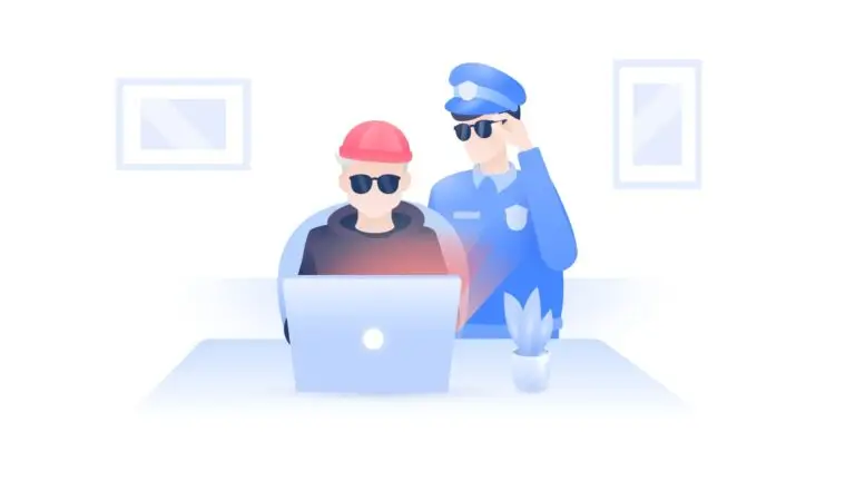 An illustration of two people wearing sunglasses, one in a red hard hat and the other in a blue police uniform, standing behind a laptop on a table. A potted plant is on the right side, and two framed pictures are on the wall in the background, indicating their vigilance against cybersecurity threats.