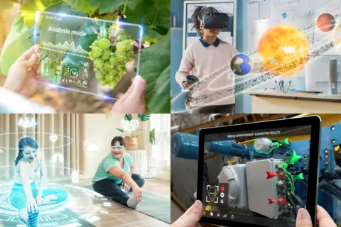 A collage of four images depicts various augmented reality (AR) applications: 1) A person uses AR to analyze plants. 2) Someone experiences a virtual solar system. 3) Two children interact with holographic visuals. 4) A person inspects machinery using AR, ensuring cybersecurity protocols are in place.