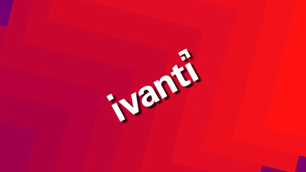 The image displays the word "ivanti" in white, lowercase letters with a slight shadow effect, set against a vibrant background with a geometric pattern of overlapping red and purple rectangles, evoking themes of cybersecurity.