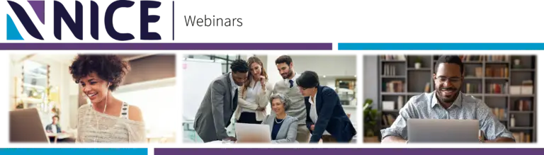 A banner with the text "NICE Webinars" at the top and three images: a woman with curly hair smiling and looking at her laptop, a group of colleagues gathered around a laptop in an office, and a man with glasses smiling while working on his laptop as he discusses cybersecurity strategies.