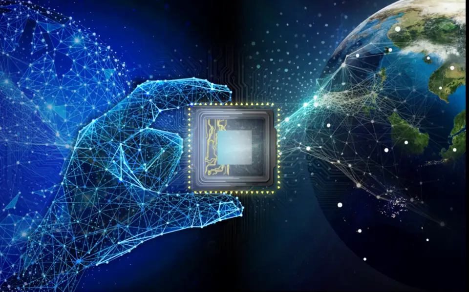 A digital, blue, wireframe hand holds a glowing microchip, with the Earth depicted on the right side of the image. The hand and microchip are surrounded by network connections, symbolizing technology and global communication, emphasizing the importance of cybersecurity in our interconnected world.