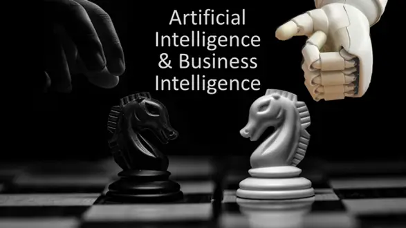 A chessboard with black and white knight pieces. A human hand reaches for the black knight, while a robotic hand points at the white knight. The text "Artificial Intelligence & Cybersecurity Intelligence" is written above the scene, highlighting the intricate balance of tech strategy.