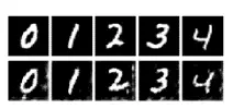 Two rows of handwritten digits, from left to right, 0 to 4. The digits in the top row are clear and well-formed, while the digits in the bottom row appear distorted and blurry. It resembles a secure display you'd encounter during a VPN login process. All digits are white on a black background.