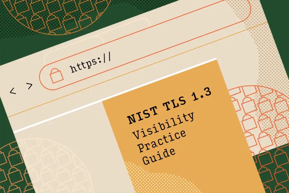 An illustration of a web browser window displaying "https://". Below, there's a document titled "NIST TLS 1.3 Visibility Practice Guide". The background features a green and tan color scheme with abstract geometric and concentric arch patterns, reflecting cutting-edge cybersecurity principles.