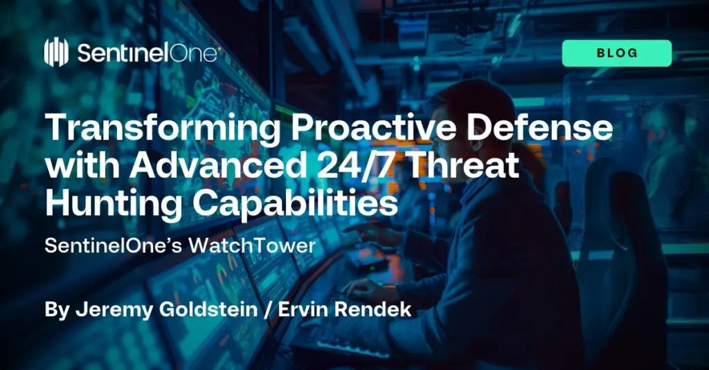 A blog post banner titled "Transforming Proactive Defense with Advanced 24/7 Threat Hunting Capabilities" by Jeremy Goldstein and Ervin Rendek. The background shows a person using multiple computer screens in a dark, modern, and high-tech environment, highlighting the battle against persistent cyberthreats.