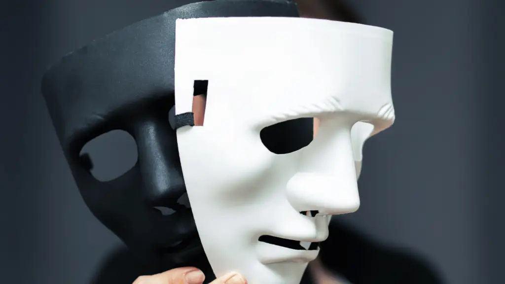 A person is holding two masks covering their face. The mask on the left is black, and the mask on the right is white. Each mask has hollow eyes and a neutral expression, suggesting a theme of duality or dual identities—much like the hidden layers of cybersecurity within a VPN.