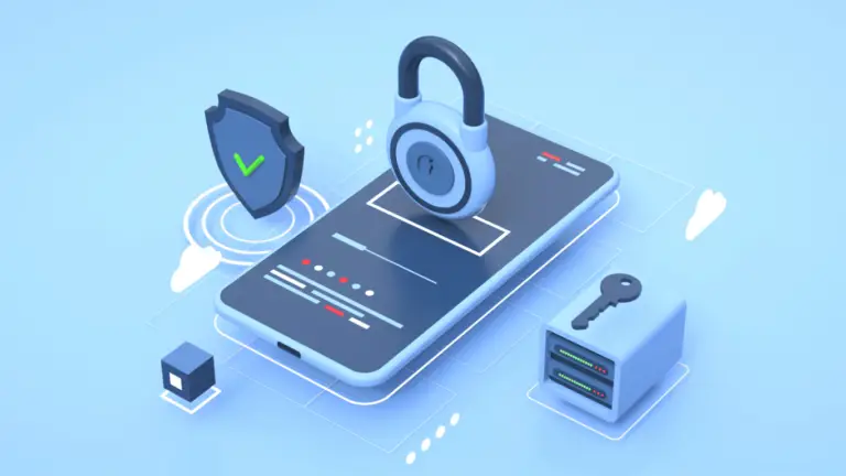 A digital illustration featuring a large smartphone with a padlock on top, symbolizing cybersecurity. Nearby are a shield with a green checkmark, a key, and a server with colorful indicator lights, all set against a light blue background. This visually conveys the principles of CMMC in combating cyberthreats.