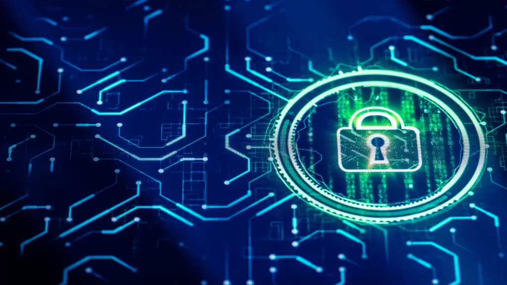 A glowing lock icon is centered within a circular digital frame overlaid on a futuristic blue circuit board background. The lock symbolizes cybersecurity amidst intricate electronic pathways and a green data stream, illustrating the strength of a reliable VPN against potential threats.