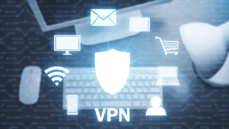 A digital graphic illustrating VPN (Virtual Private Network) with a central shield icon. Radiating from the shield are icons representing email, shopping cart, computer, laptop, smartphone, Wi-Fi, and a user—symbolizing secure internet activities amid cyberthreats. Background depicts a keyboard and mouse.