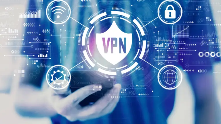 A person holds a smartphone with a semi-transparent overlay of digital icons, including a central shield with "VPN" on it. Surrounding icons represent DOD-level cybersecurity, encryption, network connectivity, and speed, set against a futuristic, tech-themed background.