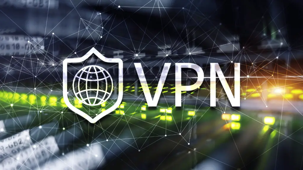 Abstract image representing a virtual private network (VPN) and its role in countering cyberthreats. In the foreground is a shield with a globe icon, followed by the text "VPN". The background features a network of interconnected points and lines overlaid on a blurred server room with illuminated lights.