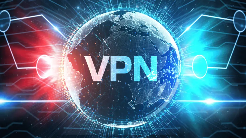 A digital illustration shows a globe at the center with the text "VPN" prominently displayed over it. The background features a network of glowing, interconnected lines with red and blue highlights, symbolizing global data connectivity and cybersecurity.