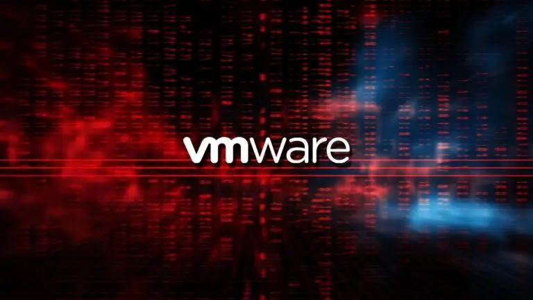 The VMware logo centered over a background of digital matrix-like patterns in red and blue hues, subtly hinting at themes of technology, data networks, and looming cyberthreats.