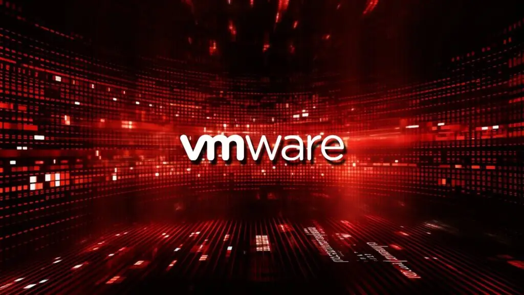 A futuristic digital graphic with a red and black color scheme featuring scattered glowing squares of varying sizes. The word "VMware" is prominently displayed in bold white letters at the center, surrounded by an abstract matrix-like background, hinting at cybersecurity solutions against cyberthreats.