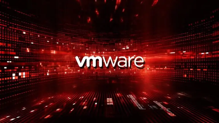 A futuristic digital graphic with a red and black color scheme featuring scattered glowing squares of varying sizes. The word "VMware" is prominently displayed in bold white letters at the center, surrounded by an abstract matrix-like background, hinting at cybersecurity solutions against cyberthreats.