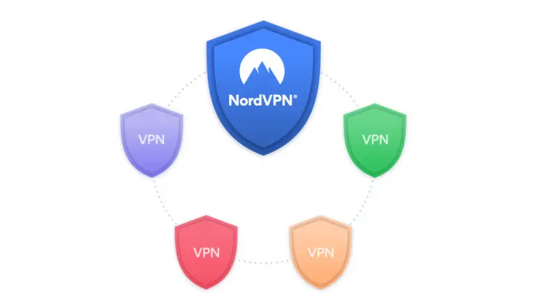 A graphic featuring a central blue shield with the NordVPN logo encircled by four smaller shields labeled "VPN" in purple, green, red, and orange, symbolizing various DOD VPN services. The shields are connected by dotted lines to represent CMMC compliance.