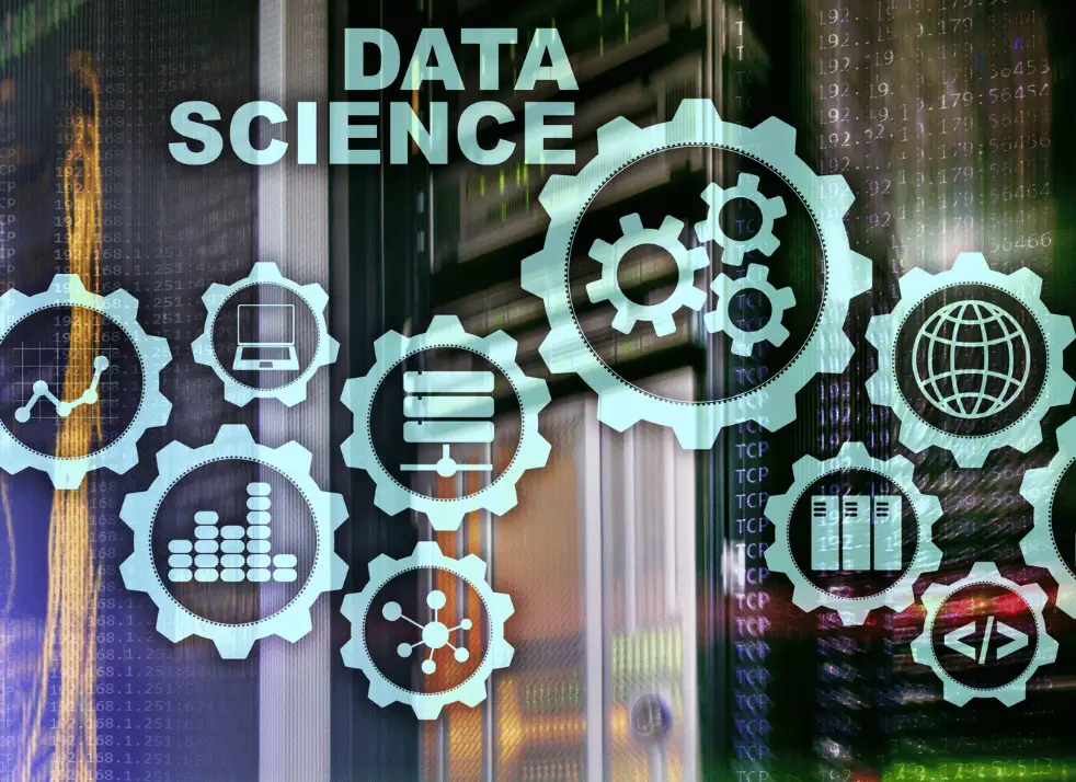 A collage showing various icons related to data science, including gears, a computer, a bar graph, a globe, and servers. The term "DATA SCIENCE" is prominently displayed at the top. The background features computer code, server racks, and hints of VPN security measures throughout.