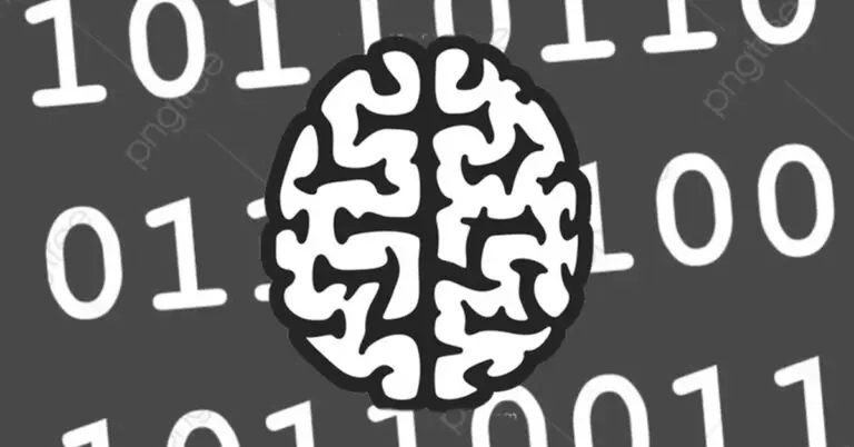 Illustration of a brain in the center with a black and white binary code background. The brain is depicted in white with bold, black outlines, while the binary digits (ones and zeros) are scattered around, symbolizing a connection between brain function and binary data, underscoring CMMC's role in safeguarding DOD cyber operations.