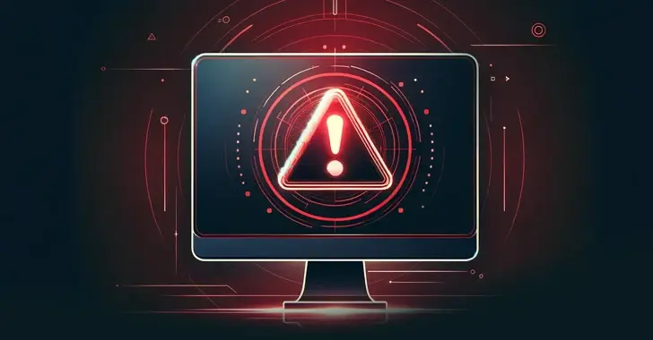 A computer monitor displays a red warning triangle with an exclamation mark in the center, indicating a cybersecurity threat. The background features concentric circles and lines in a futuristic style, emphasizing the alert. The overall color scheme is dark with red accents, creating a sense of urgency.