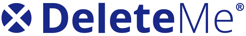 Blue logo for DeleteMe, featuring the word "DeleteMe" in bold blue letters with an icon to the left consisting of a stylized "X" design, evoking a sense of cybersecurity.