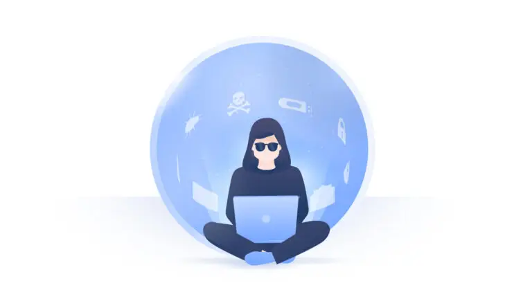 Illustration of a person wearing a hoodie and sunglasses, sitting cross-legged with a laptop. Surrounding them, inside a semi-transparent sphere, are icons representing cybersecurity threats like a skull and crossbones, bugs, and a lock.